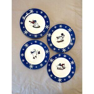 Frosty Snowman Skating Sledding Blue Snowflake Dinner Dessert Plates‎ - Set of 4